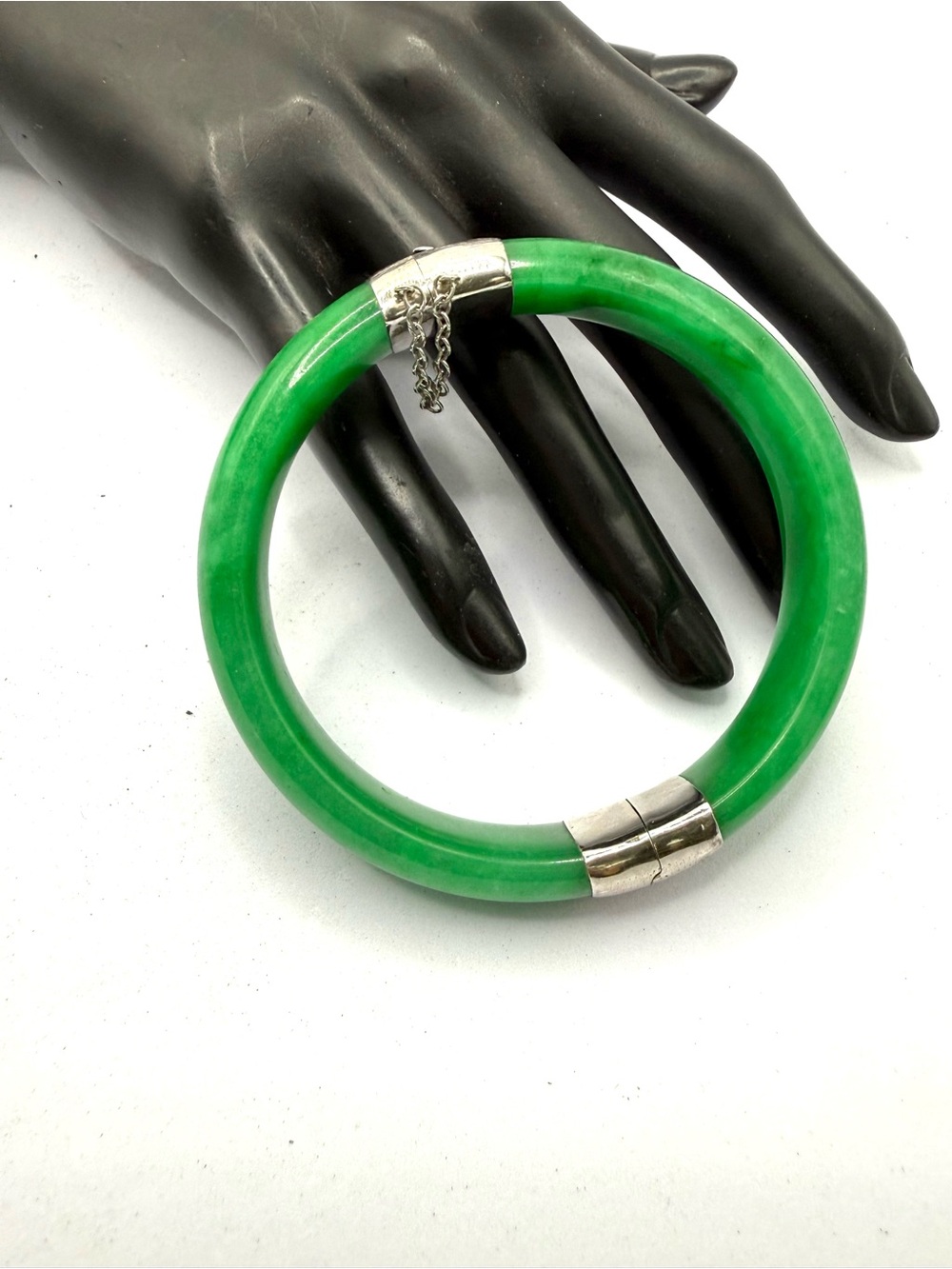 Burmese Sterling Green Jade Jadeite Hinged Bangle Bracelet - Women Jewelry